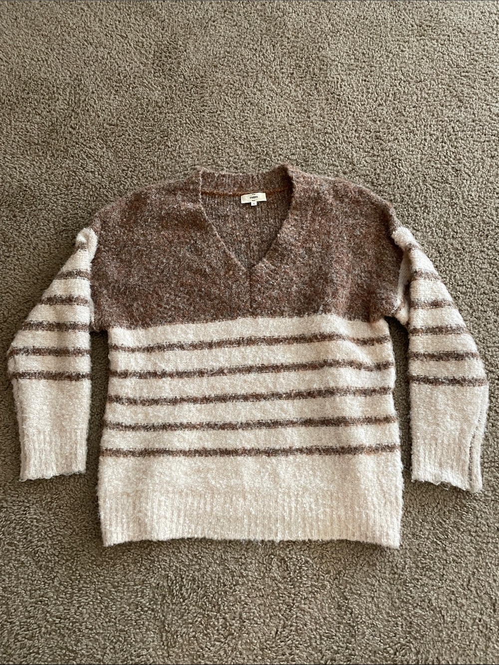 entro Striped V-Neck Fuzzy Sweater in Cream and Brown